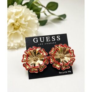 New GUESS Gold Tone Red Flower Statement Stud Fashion Earrings Floral 1.15" NWT